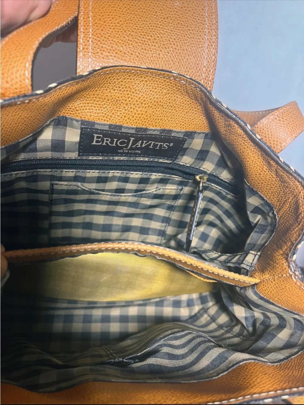 Eric Javits -New York Black & Tan Hand Bag with Tan Leather Trim